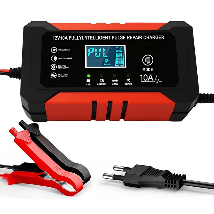 Redresor auto, DONFANLIA®, Portabil, Incarcare rapida, 12V/10A, Display digital, Functie de reparare acumulator prin impulsuri, Invelis ignifug ABS, Cablu de cupru pur, Auto, Moto, Camion, Rosu/Negru