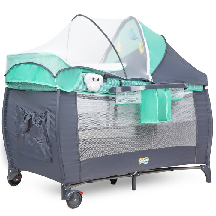 Patut calatorie Piccolo, ultra-portabil, pliabil, 2 nivele saltea, acces lateral, baldachin, plasa tantari, masa infasat, roti blocabile, cutie muzicala, umerase, husa transport, siguranta EN-716, bebelusi 0-36 luni, gri-menta