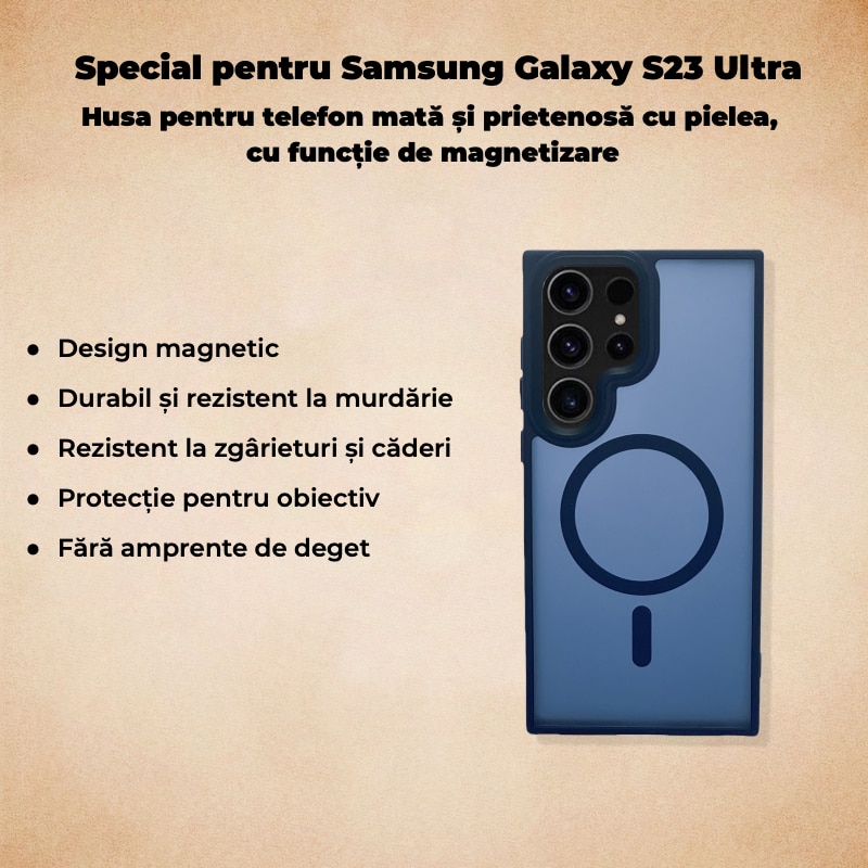Carcasa magnetica pentru Samsung Galaxy S23 Ultra – albastru, textura mata placuta la atingere, rezistenta la amprente, TPU+PC antichoc, cu inel magnetic integrat, mai multe culori disponibile