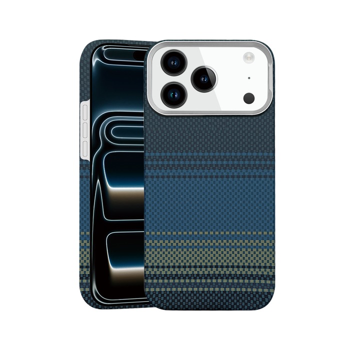 Husa pentru iPhone 17 Pro Max Daden® din fibra de aramida/Kevlar, Aramid PTK, MagSafe Integrat, Protectie Antisoc, Camera Ultra Safe, Stripe Moonrise, Multicolor
