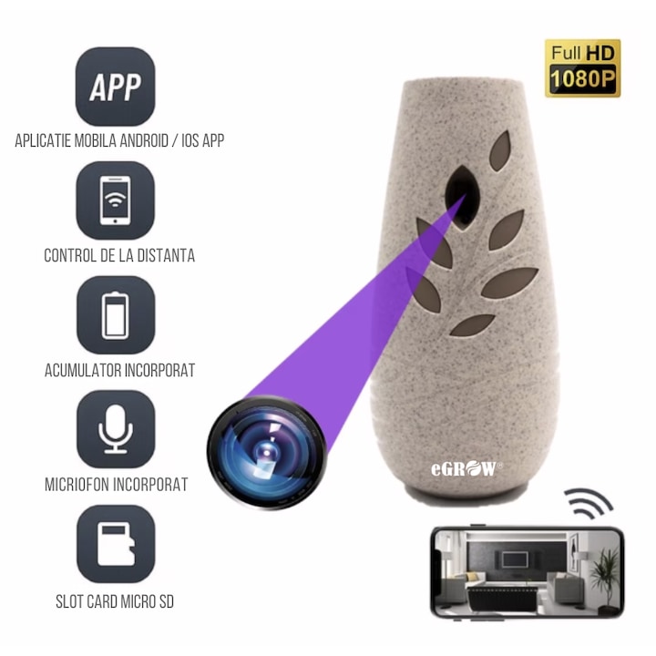 Camera Spion WiFi, eGROW® WAC01 Ascunsa in Odorizant de Camera, Full HD, 5MP, Inregistrare Audio Video, Activare la Miscare, Slot Card