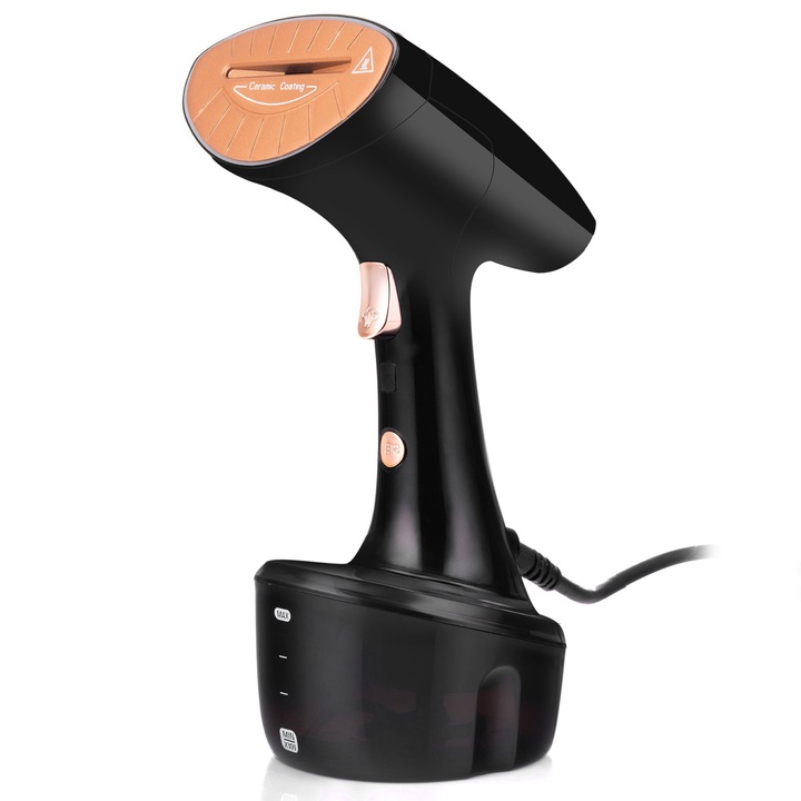 Aparat de calcat vertical si orizontal cu aburi Lehmann Vertical, 1600W, 25g/min, rezervor 320ml, talpa ceramica, negru
