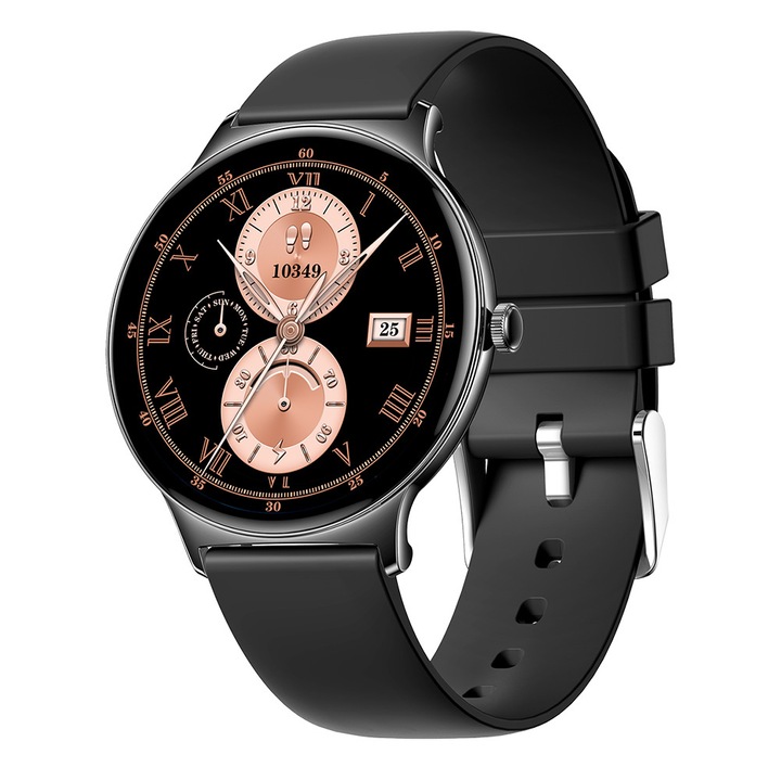 Okosóra, Blavec, fém, szilikon szíjjal, AMOLED 1.43" 466×466 px kijelző, Bluetooth 5.0 hanghívások, SpO2 és pulzusmérés, IP67, M01 Vesta HD AMOLED, Fekete, 43 mm