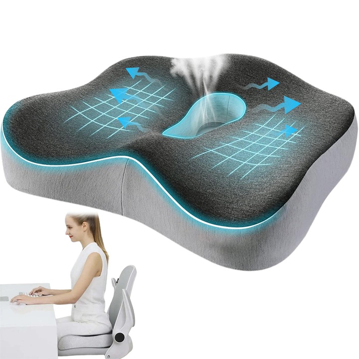 Perna din spuma cu memorie, design respirabil cu goluri pentru coccyx, design ergonomic, perna de sustinere portabila si confortabila, gri, 40 cm * 34,5 cm * 8,5 cm
