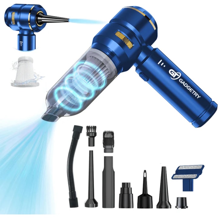 Aspirator Auto de mana portabil cu acumulator Marit de 7500mAh 4 in 1 Gadgetry, pentru uz casnic sau auto, putere 100W, 3 Viteze, 18000 Pa, Filtru HEPA, Functie Suflanta, Functie Aspirare, 880L/min, 110.000 rot/min, incarcare Type-C, Albastru