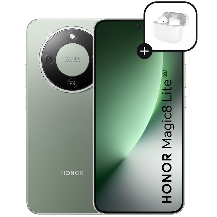 Telefon mobil HONOR Magic 8 Lite, Dual SIM, 8GB RAM, 256GB, Forest Green - Casti Honor Choice Earbuds X7e Active incluse