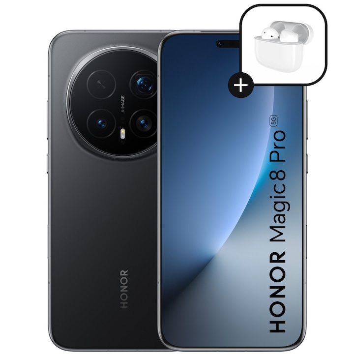 Telefon mobil Honor Magic 8 Pro, Dual SIM, 12GB RAM, 512GB, Black - Casti Honor Choice Earbuds X7e Active incluse