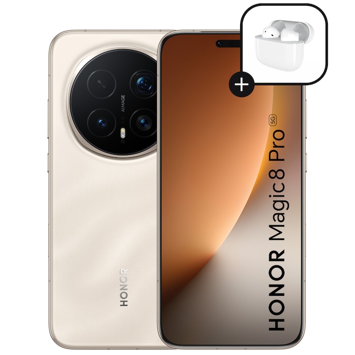 Telefon mobil Honor Magic 8 Pro, Dual SIM, 12GB RAM, 512GB, Sunrise Gold - Casti Honor Choice Earbuds X7e Active incluse