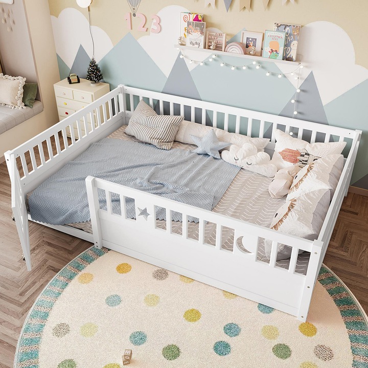 Pat pentru copii, Sweiko, alb, 140x190cm, cu grilă de siguranță