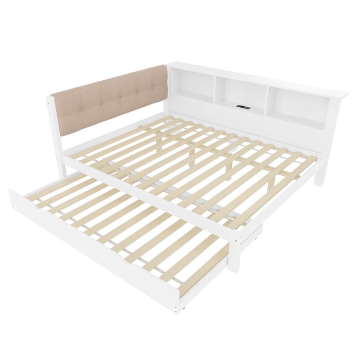 Pat de zi Sweiko, extensibil, alb, 140x200cm, cu raft lateral, USB integrat