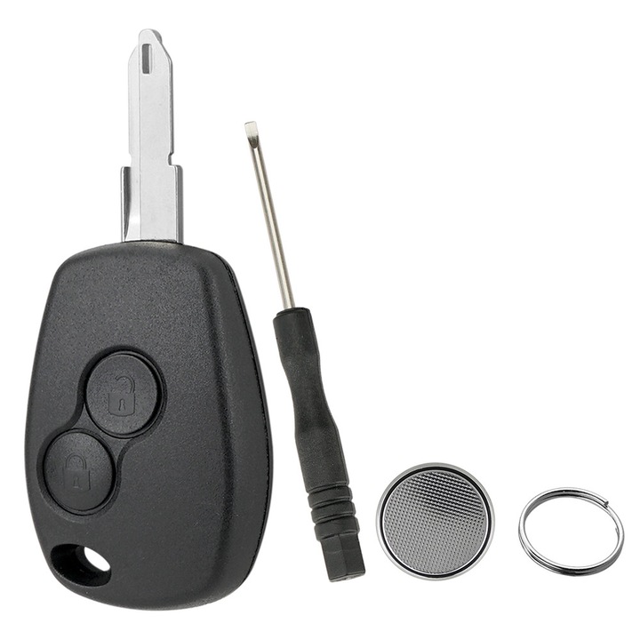 Autókulcs ház, 2 gombos, Renault Dacia Kangoo Clio Master Twingo Modus Trafic Duster Sandero Logan modellekhez, akkumulátorral, kulcstartóval és csavarhúzóval