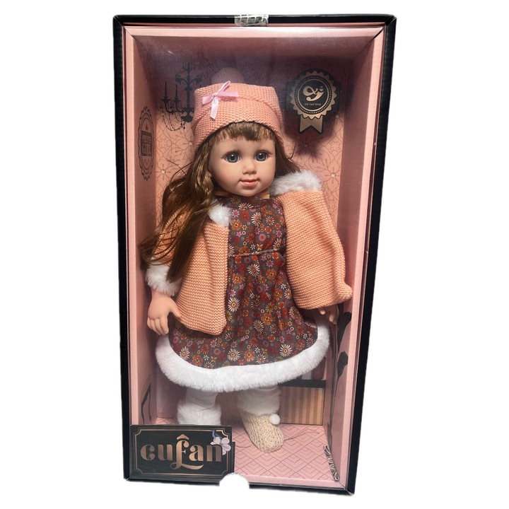 Papusa Cufan, cu trasaturi realiste, par lung, roz, set cu rochie, paltonas si caciulita, pentru copii 3+ ani