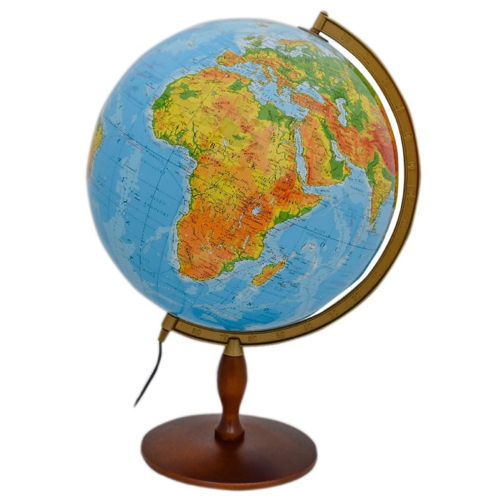 Globus fizic iluminat 42cm, ZACHEM, suport din lemn, meridian metalic
