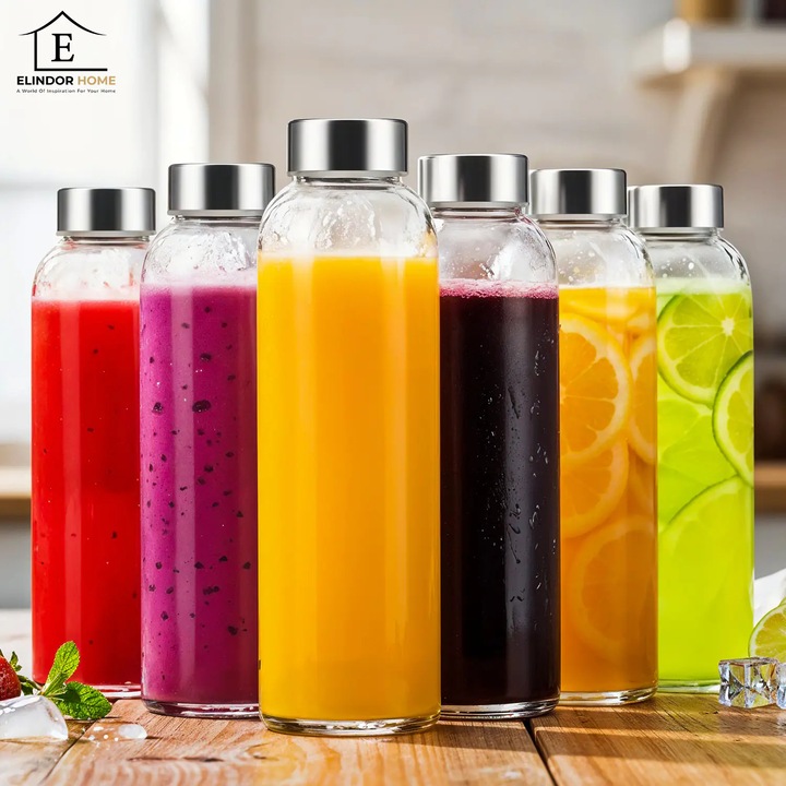 Set 6 Sticle Elindor cu Capace din Inox, 530 ml, Transparent, 22x6 cm