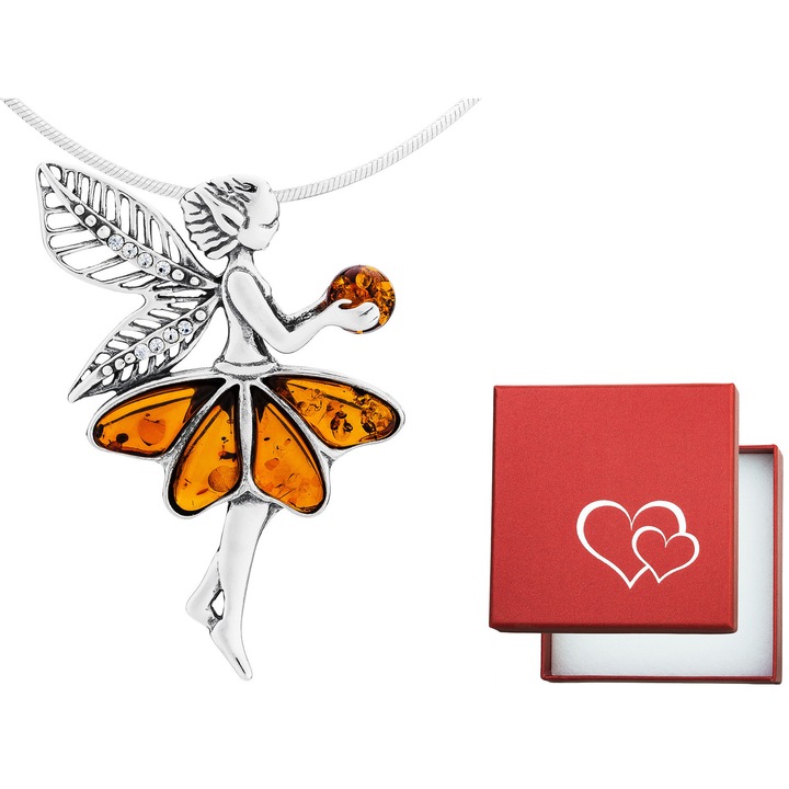 Colier lung din argint cu elf si chihlimbar, Siju, 50cm, argint oxidat, set cu cutie cadou