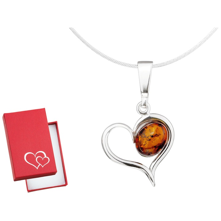 Colier din argint cu inima si chihlimbar, Siju, 45cm, set cu cutie de cadou
