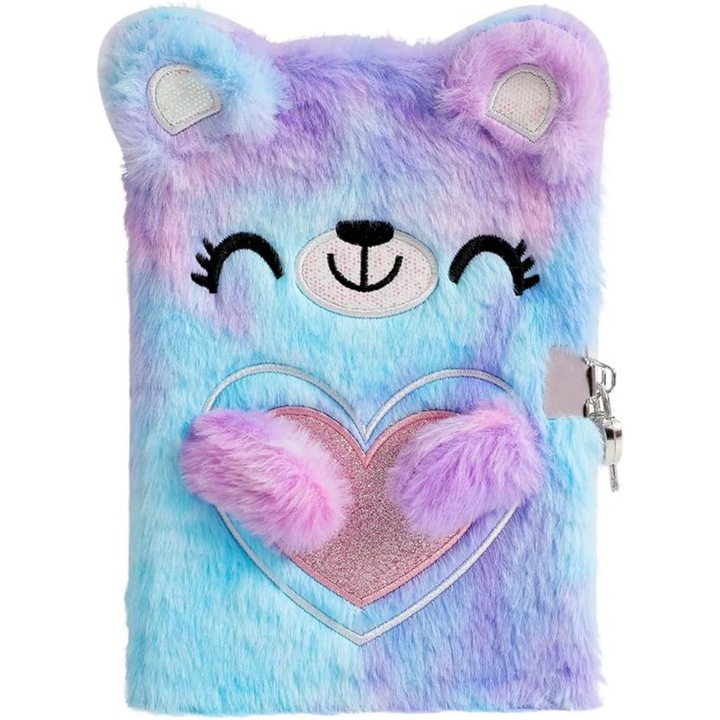 Caiet de plus cu ursulet animat, Lunniquee A5, 96 coli, violet, set cu cheie