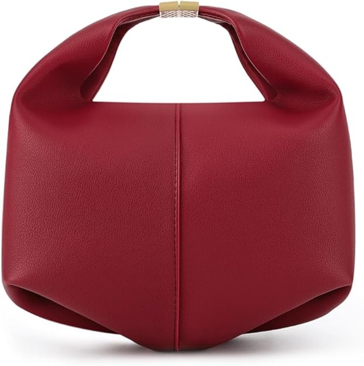 Geantă damă tip dumpling, piele PU texturată, mâner superior și curea detașabilă, umăr și crossbody, închidere magnetică, vișiniu