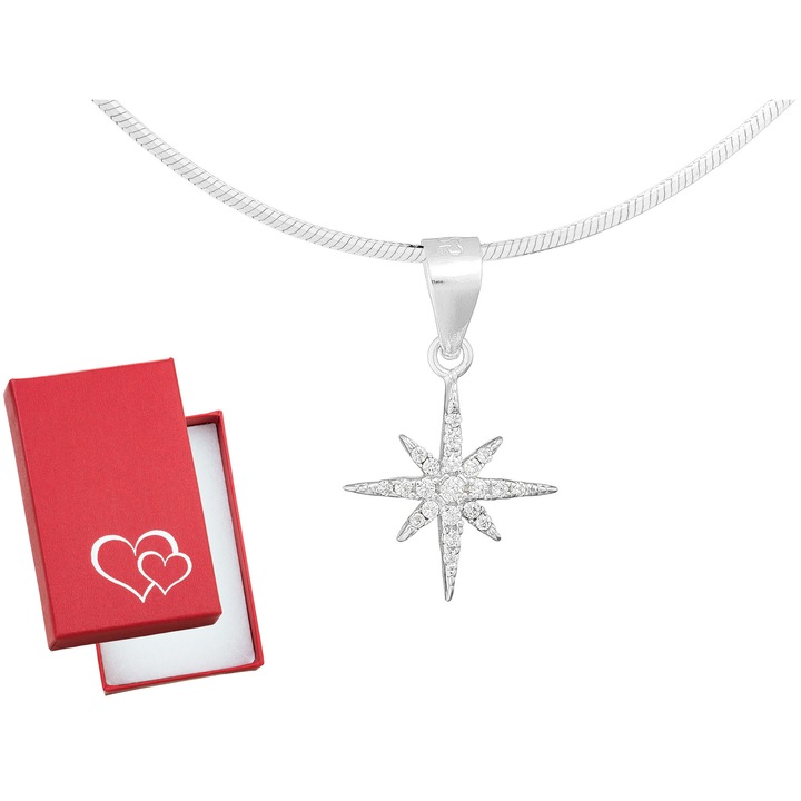 Colier scurt din argint 925 cu stea mica si cyrconii, set cu cutie cadou, 32 cm, Siju