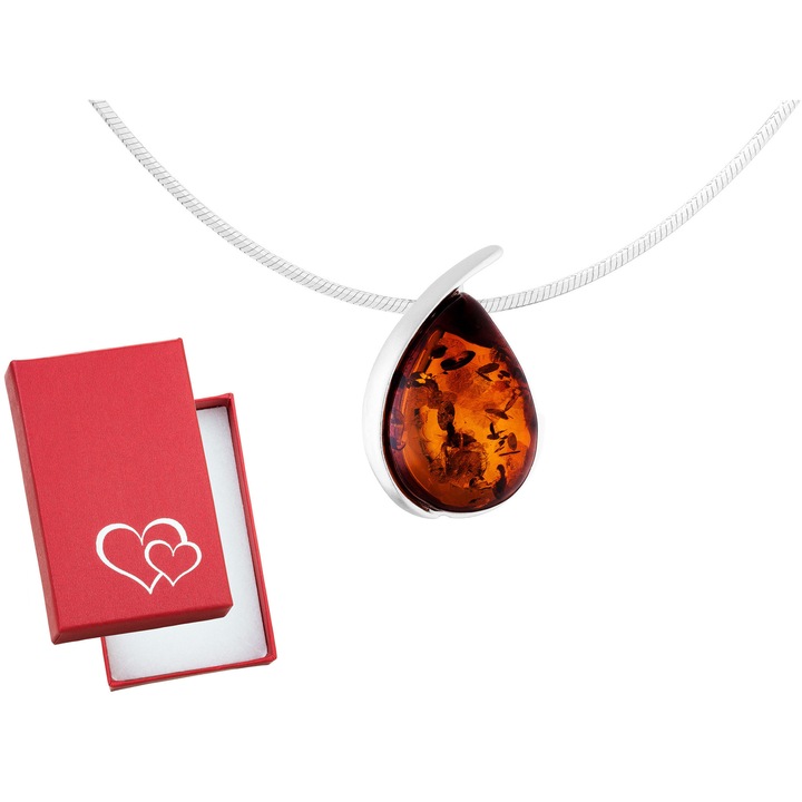 Colier Siju din argint 925 cu ambra, forma picatura, 32cm, set cu cutie cadou