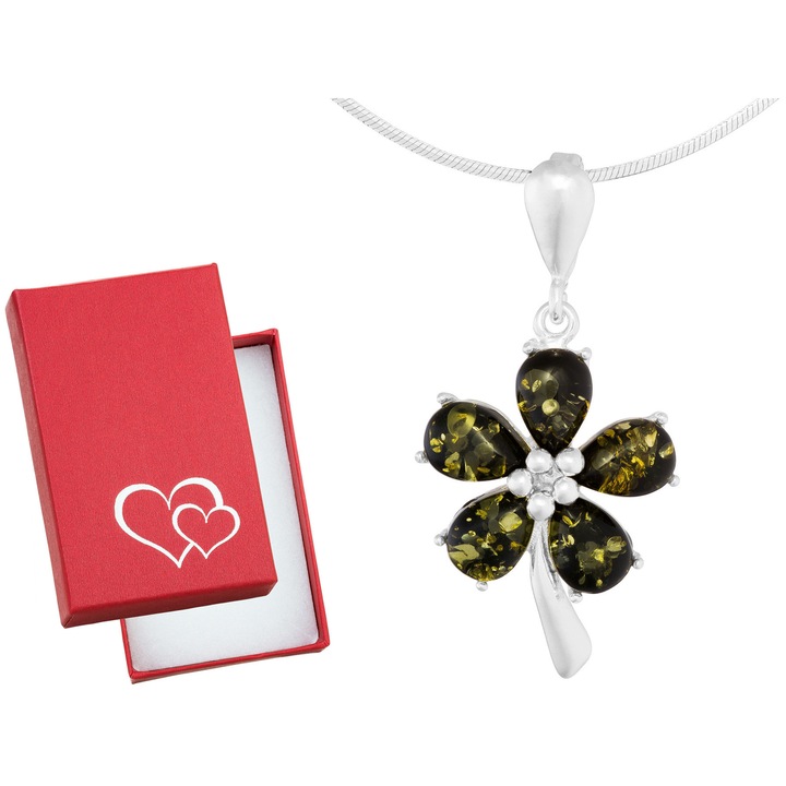 Colier Siju argintiu cu floare si 5 chihlimbare verzi, 45 cm, set cu cutie cadou