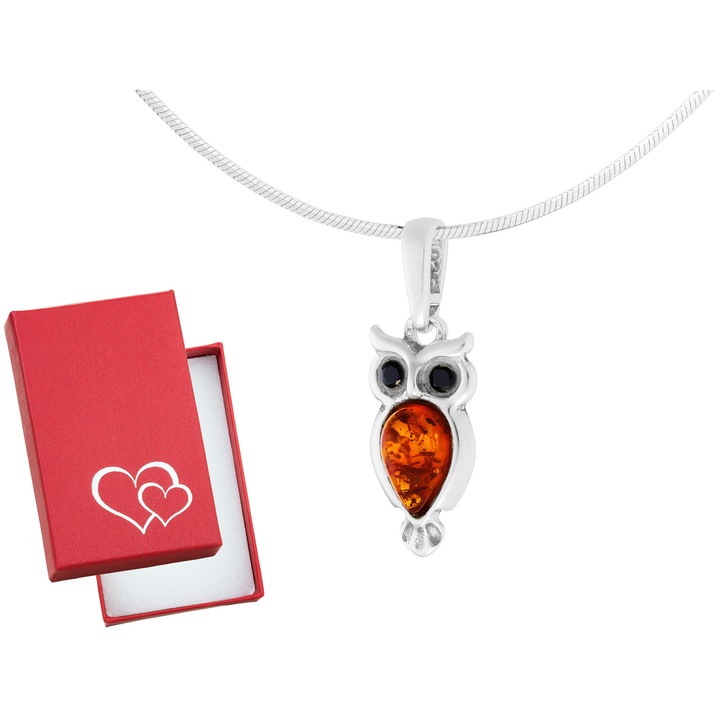 Colier lung argintiu oxidat cu forma de bufnita, chihlimbar, cristale, 80cm, set cu cutie cadou