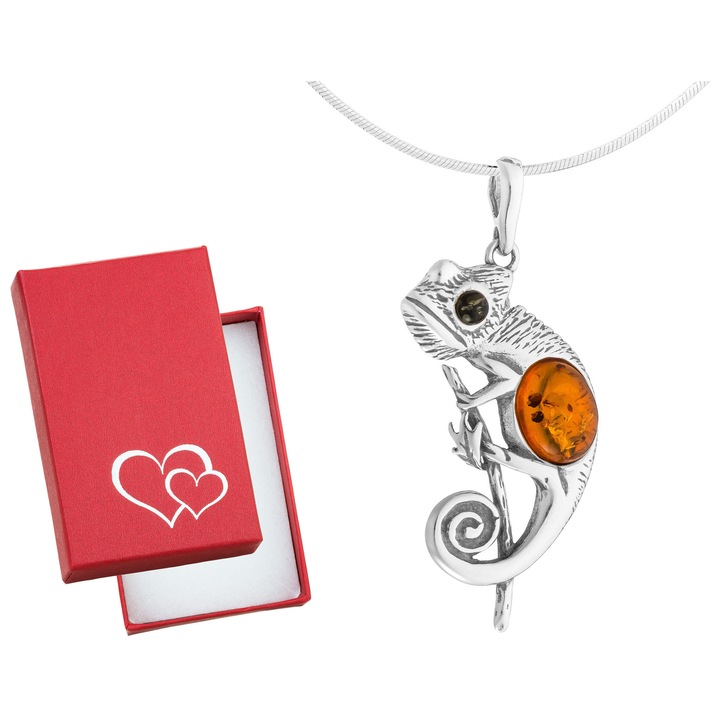 Colier argintiu Kameleon cu Bursa de Chihlimbar, 35 cm, set cu cutie cadou