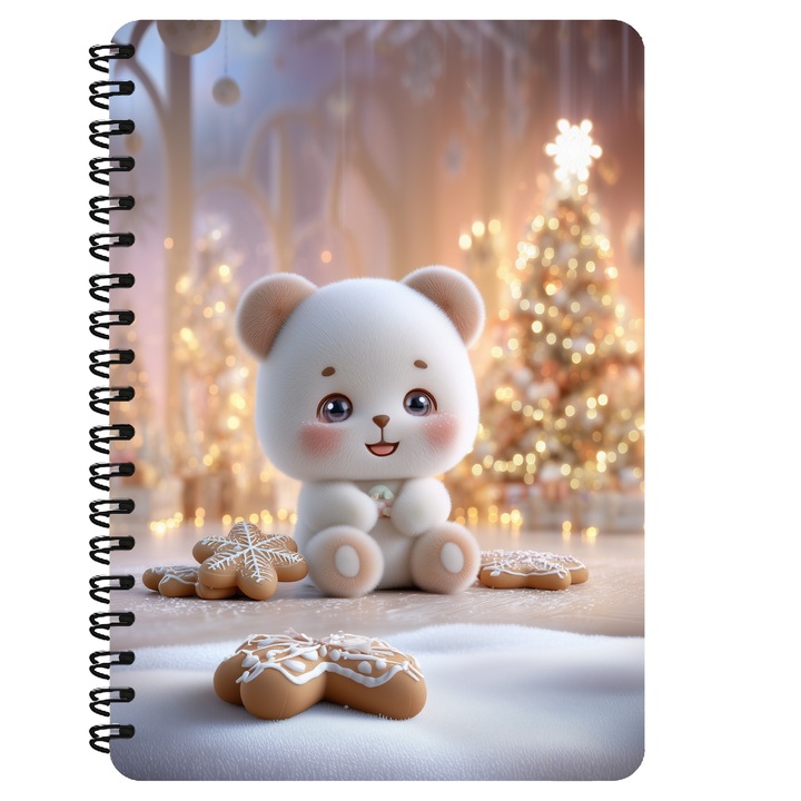 Agenda A5, Ursulet, Turta Dulce, Iarna, Brad, Coperta Mdf, Spira Metalica, 130 Pagini