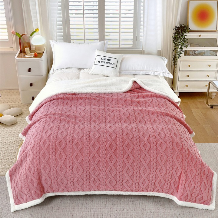 Patură tricotată cu blăniță, Ralex, 200x230cm, micropolar, culoare pudră