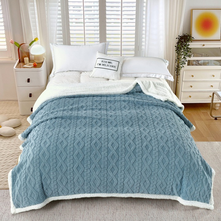 Patura tricot cu blanita, Ralex, 200x230cm, bleu, material micropolar