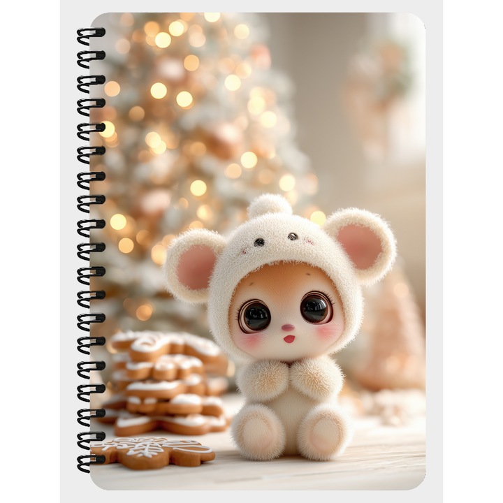 Agenda A5, Animalut Dragalas Costumat, Turta Dulce, Iarna, Craciun, Coperta Mdf, Spira Metalica, 130 Pagini