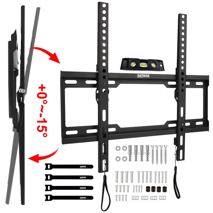 Suport TV de Perete DATMAN, Slim 28 mm, Inclinare 15°, Diagonala 32-70" (81-178 cm), Max 45 kg