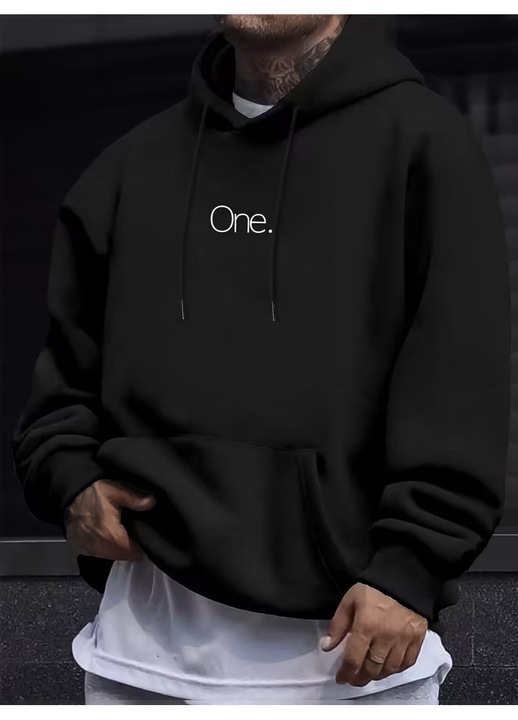 Hanorac Barbati One. buzunar tip marsupiu, gluga cu snur reglabil, 100% bumbac, Negru