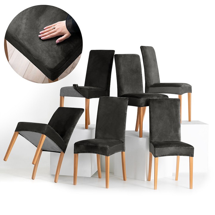 Комплект от 6 калъфа за стол от кадифе с еластична облегалка и седалка, 190 гр/м2, Sento, 48x48x58x10 см, тъмно сив