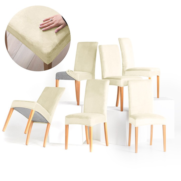 Set 6 x Huse scaun din catifea cu elastic pentru spatar si sezut, 190 g/mp, Sento, 48x48x58x10 cm, crem