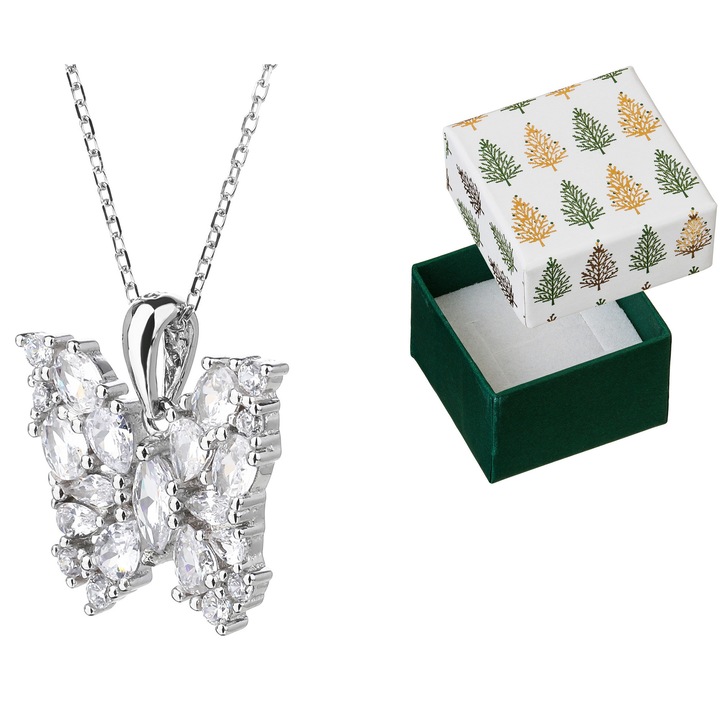 Colier lung din argint cu fluture, Siju, 80cm, argintiu, set cu cutie cadou