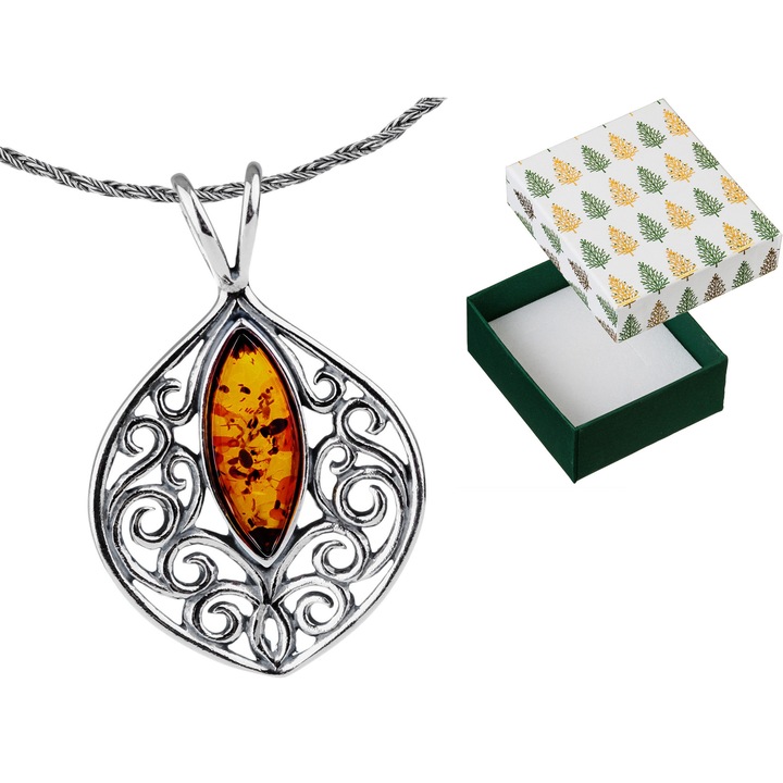 Colier din argint cu chihlimbar coniac Siju, 50cm, set cu cutie cadou