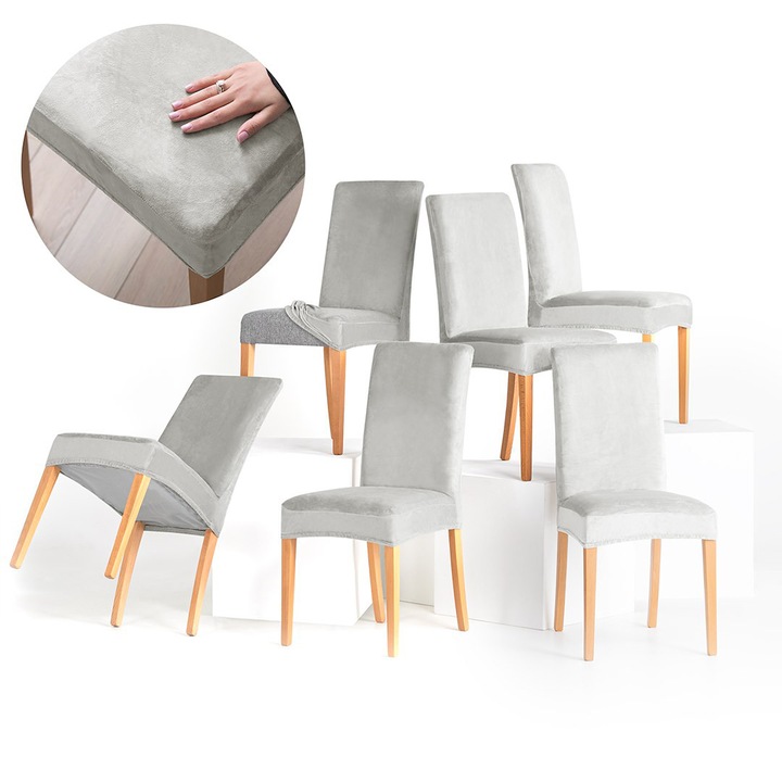 Set 6 huse pentru scaun din catifea cu elastic spatar si sezut, 190 g/m2, Sento, 48x48x58x10 cm, gri