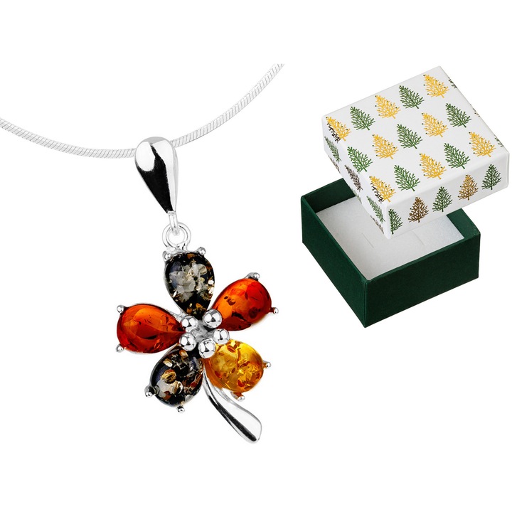 Colier argintiu cu floare si chihlimbar, Siju, 38 cm, set cu cutie cadou