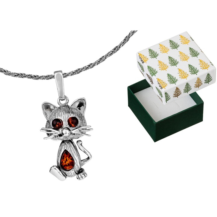 Colier din argint oxidat cu pisica si chihlimbar, Siju, 90cm, set cu cutie de cadou