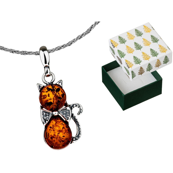 Colier lung din argint, pisica cu chihlimbar, Siju, 50cm, ambalaj cadou