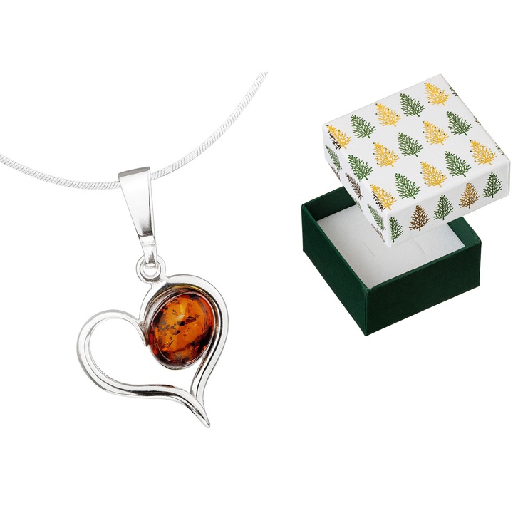 Colier dama, din argint, inima cu chihlimbar, Siju, 45cm, cutie cadou