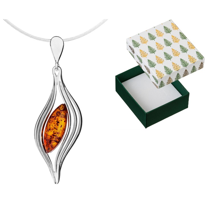 Colier dama, din argint 925 cu ambra coniac, 45 cm, cutie cadou, Siju