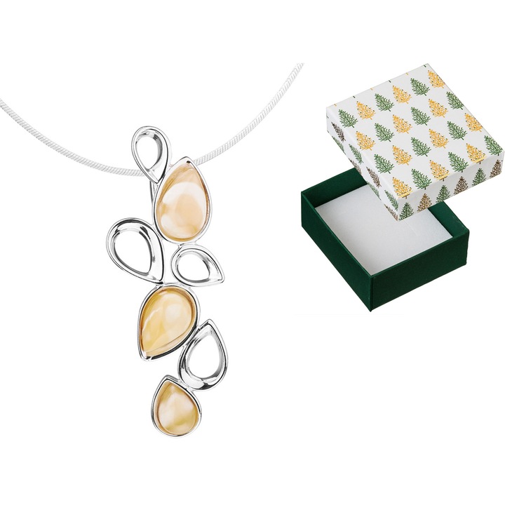 Colier dama, din argint, pandantiv cu chihlimbar, Siju, 45cm, hipoalergenic, cutie cadou