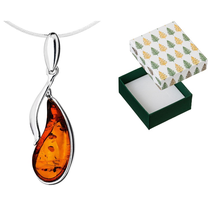 Colier dama, din argint cu chihlimbar, Siju, 38 cm, cutie cadou