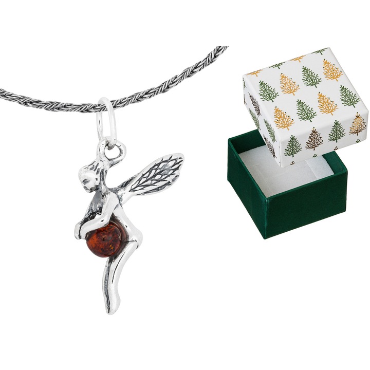 Colier argintiu cu elf si chihlimbar, Siju, 45cm, argint 925, oxidat, cu cutie cadou