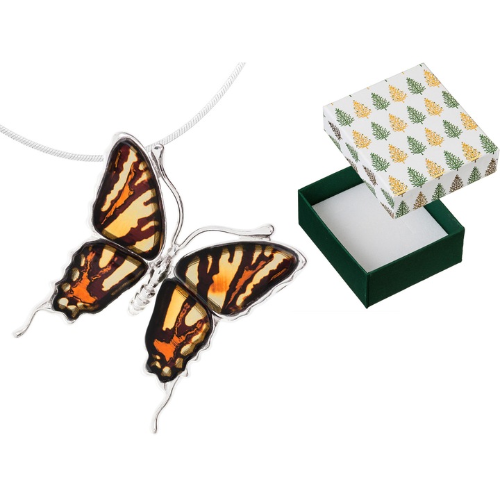 Colier lung cu fluture mare din argint si chihlimbar, Siju, 80cm, set cu cutie de cadou