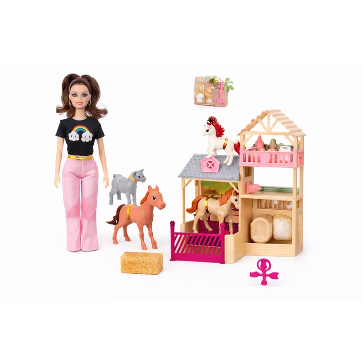 Set Papusa Fermiera cu Ferma si Grajd, Animalute si Accesorii, Papusa 30 cm, Set de Joaca Copii 3+ ani, 32x27 cm
