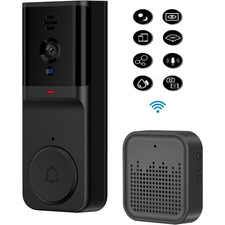 Sonerie Video Inteligentă, COMPANIERO, WiFi, 2.4G, Camera HD, Vedere Nocturnă, Negru