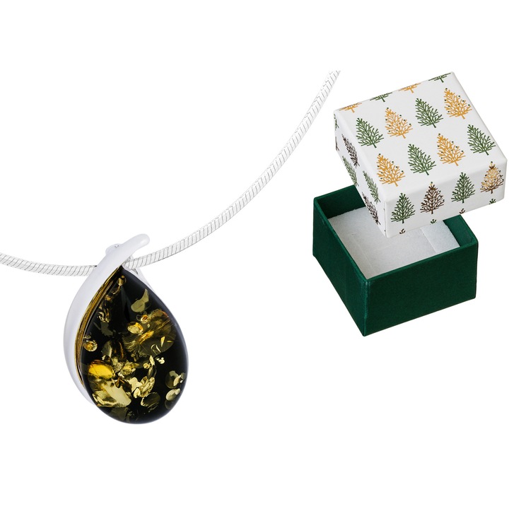 Colier lung din argint cu picatura si chihlimbar verde, Siju, 50 cm, set cu cutie de cadou